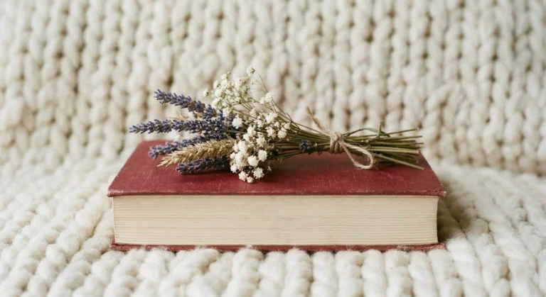 Open book with dried wildflowers on a cozy knit blanket — healing romance reading