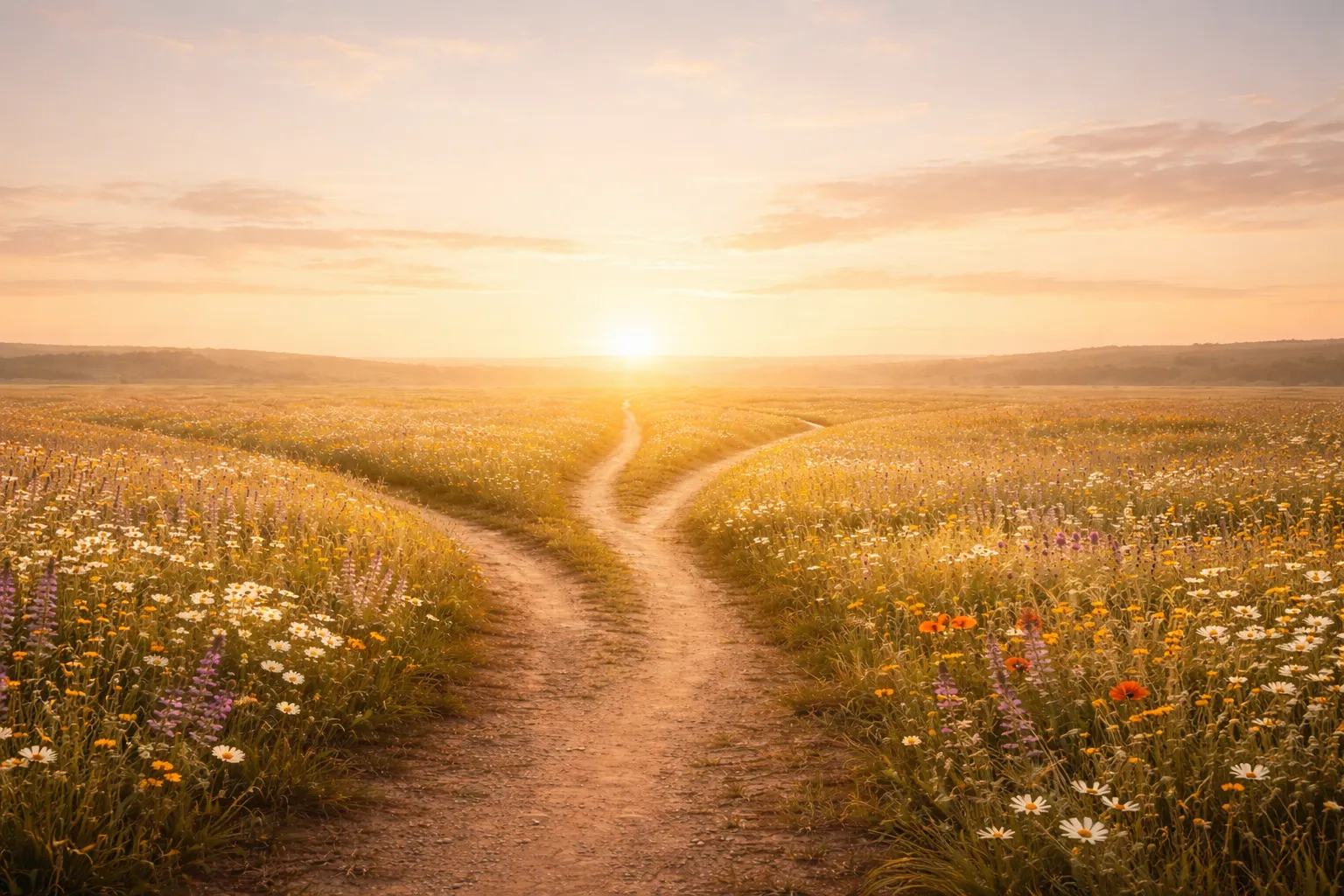 Two paths converging through a wildflower meadow toward golden sunrise — second chance romance hope