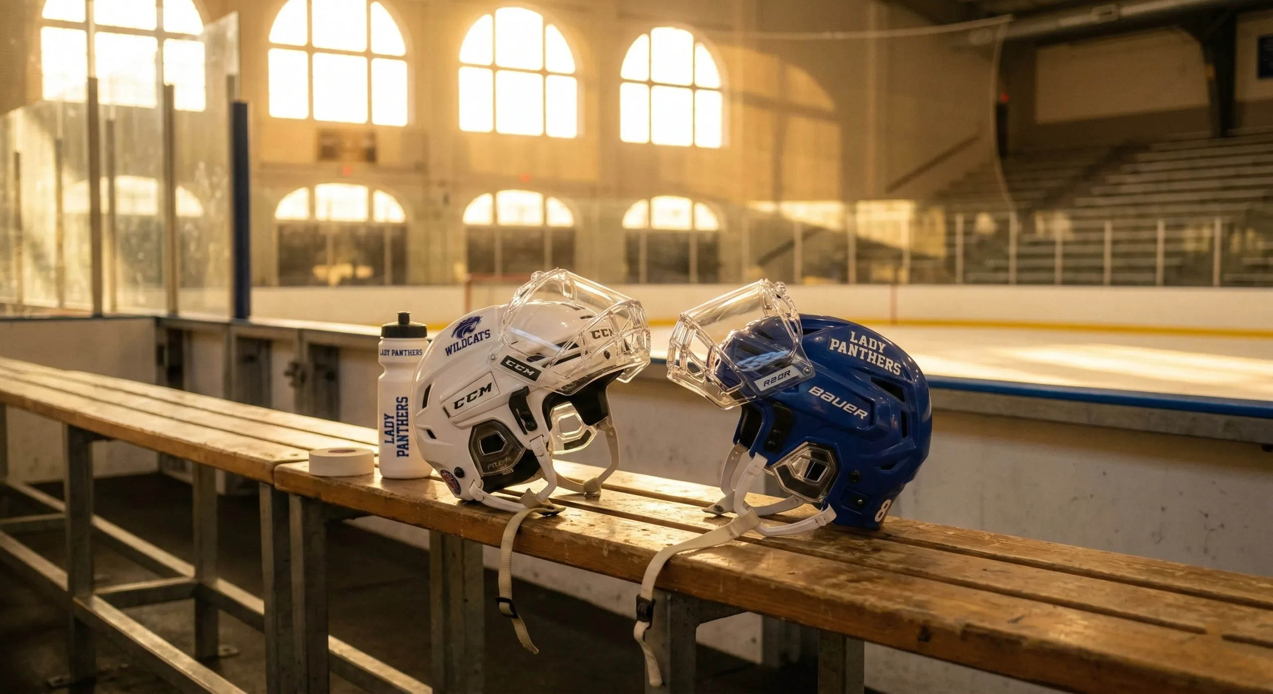 Two women hockey helmets facing each other on bench with golden hour light through arena windows - sapphic hockey romance rivals to lovers