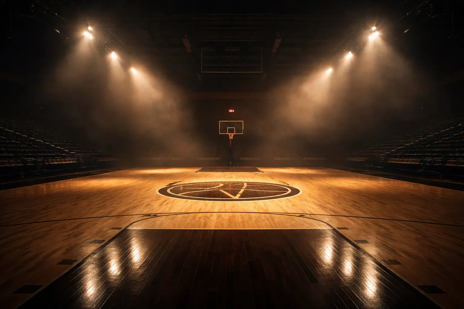 Empty basketball court at dusk with dramatic stadium lighting — sports romance