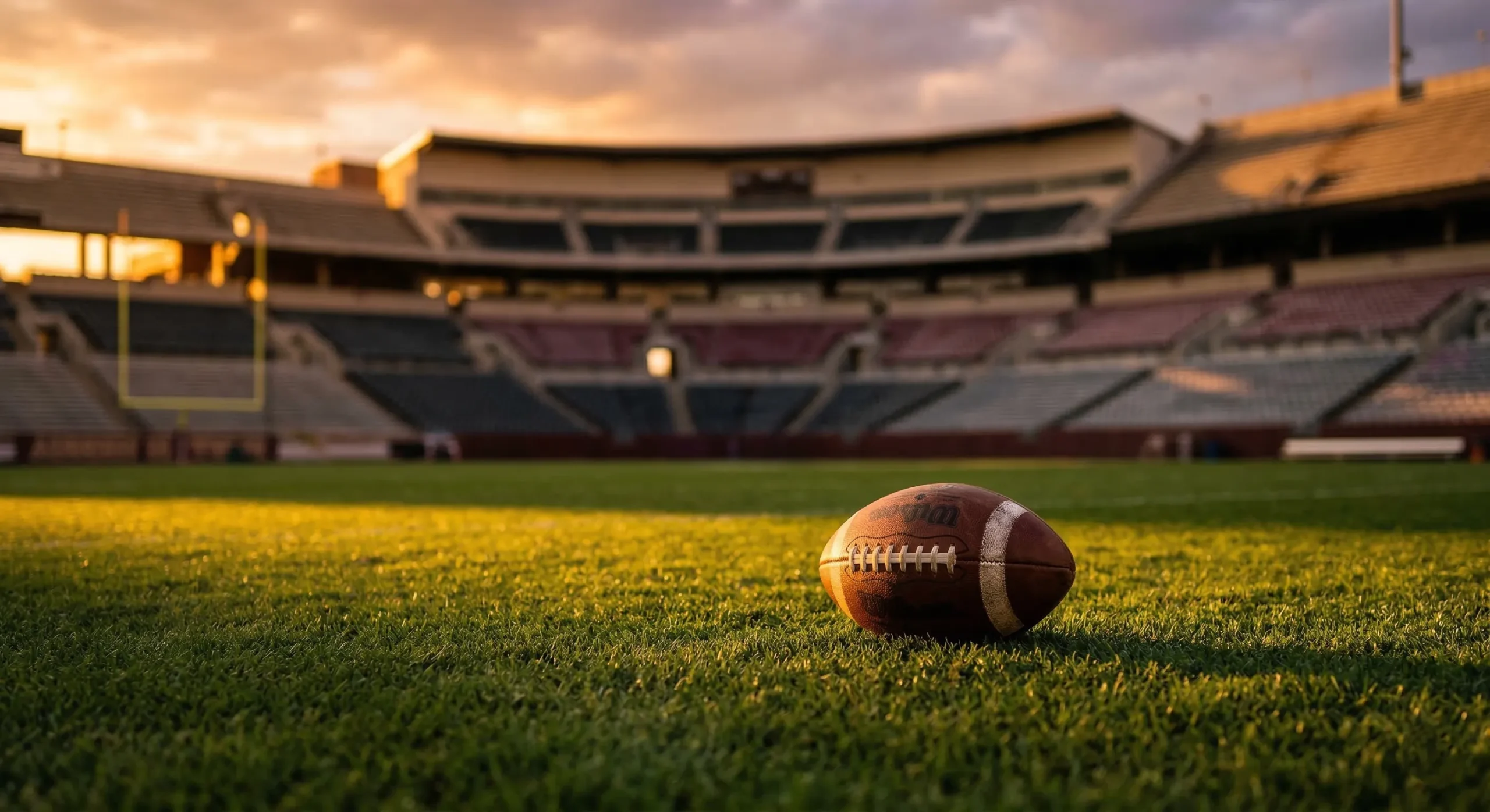 Football on grass at golden hour with blurred stadium seats — football romance books
