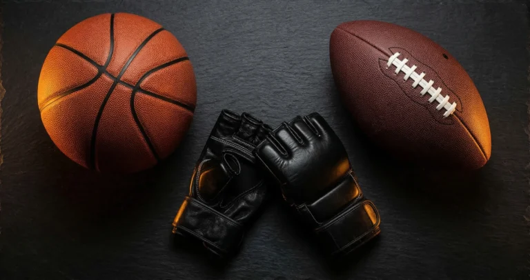 Basketball, football, and MMA gloves arranged with dramatic studio lighting — best sports romance books 2026