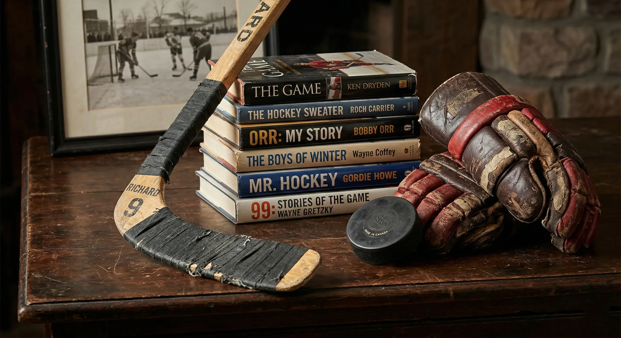 Stack of romance books with hockey puck stick and worn gloves on dark wood - hockey romance book recommendations and FAQ