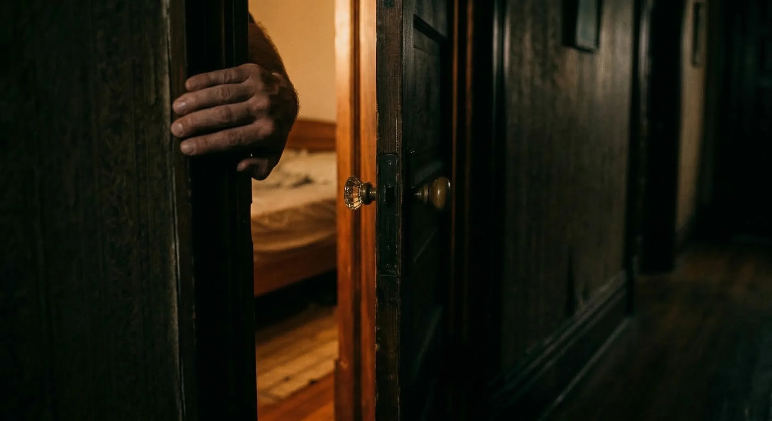 Hand gripping a doorframe with warm amber light spilling from a cracked bedroom door — forbidden romance aesthetic