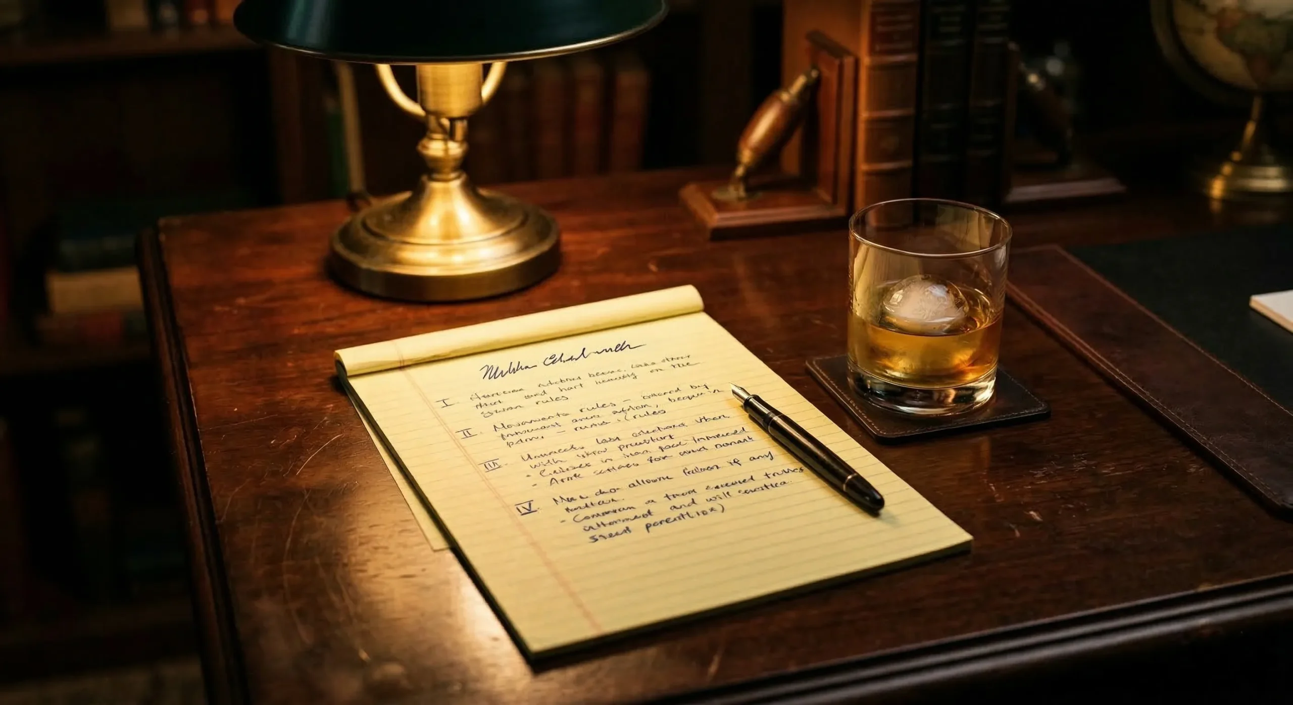 Legal pad with handwritten rules on a dark desk beside a whiskey tumbler — age gap romance aesthetic