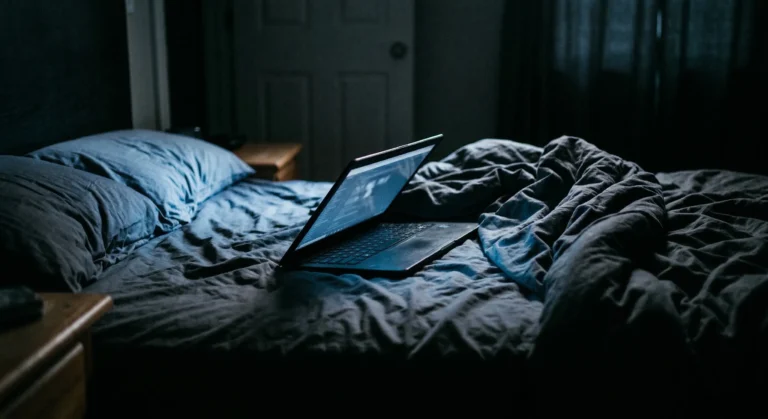Laptop casting blue light on rumpled sheets in a dark room — taboo romance aesthetic