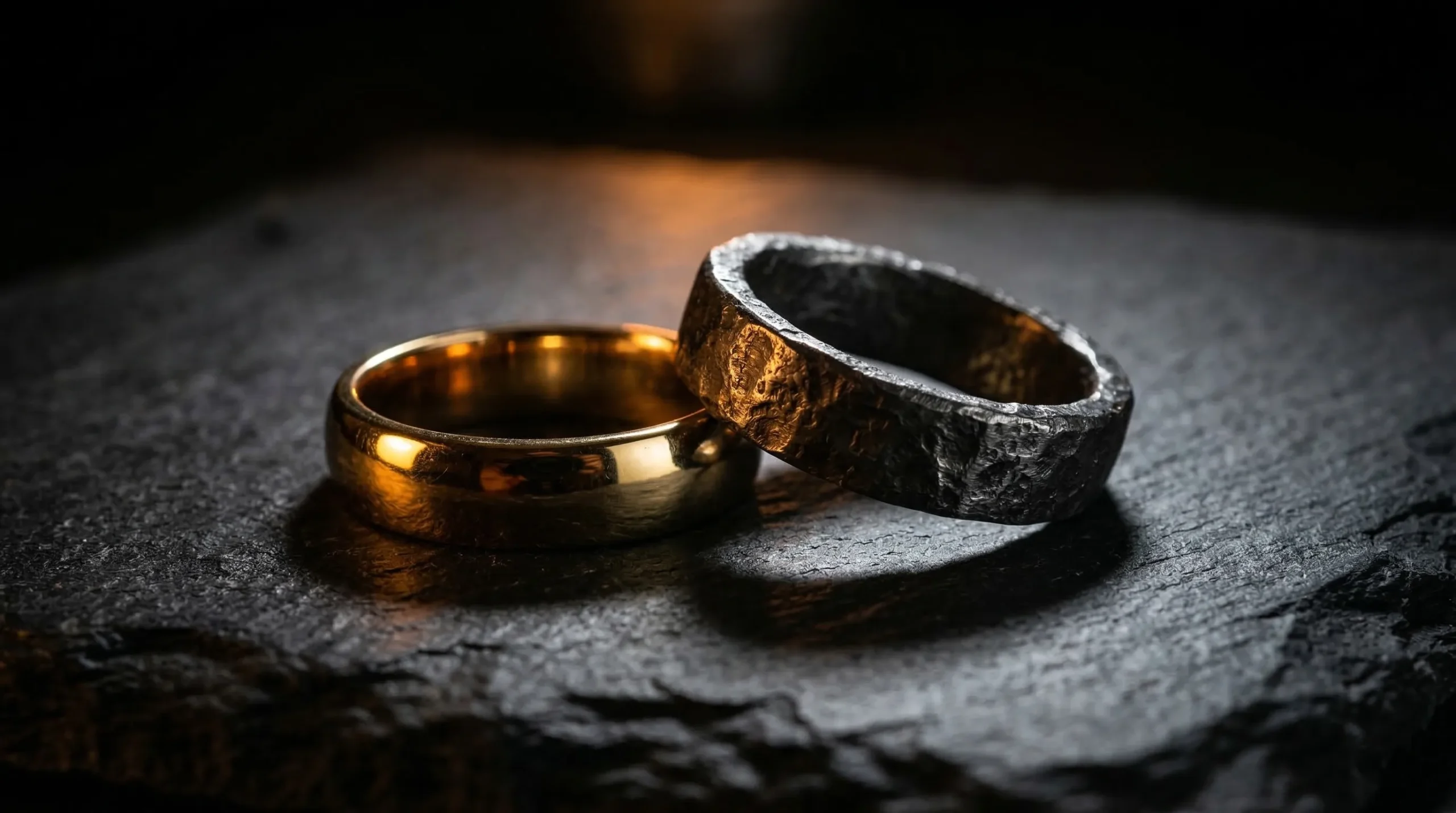 Two rings on a dark surface — polished gold and rough iron — almost touching in moody warm light