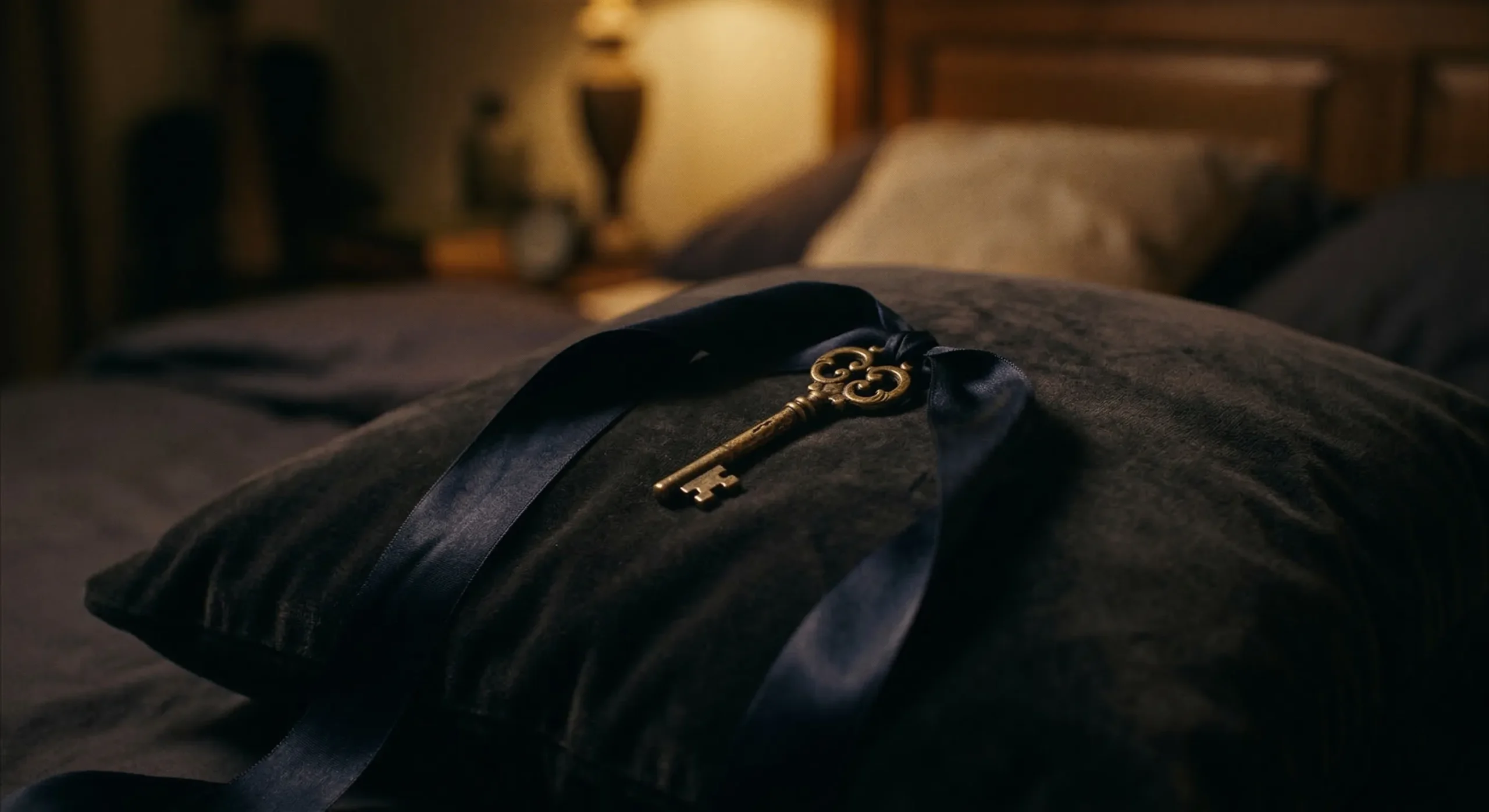 Key on a dark silk ribbon lying on a pillow — forbidden romance reading aesthetic
