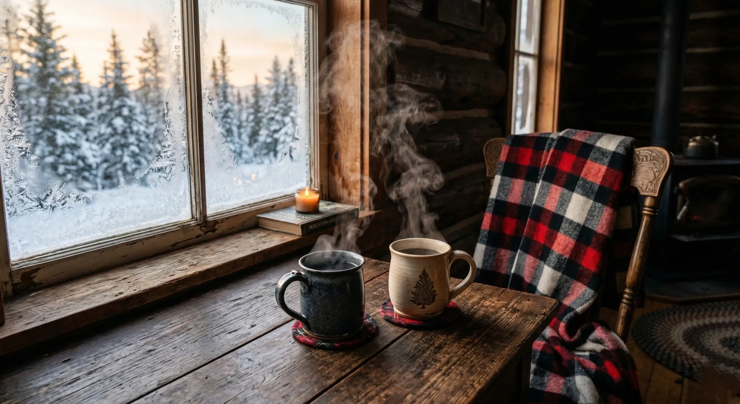 Cozy cabin romance - two coffee mugs by frost-covered window