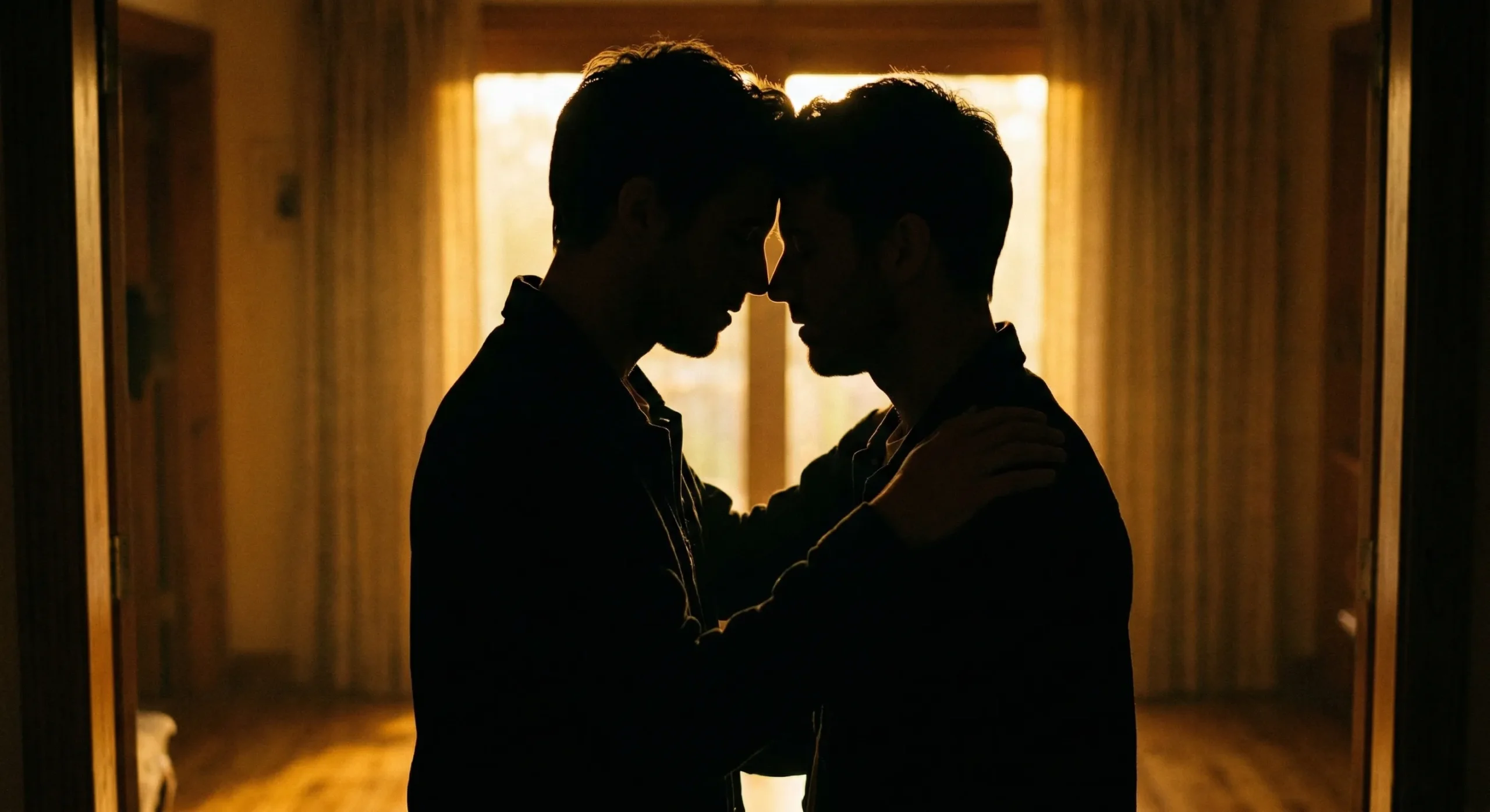 Romantic MM silhouettes - two men close together backlit by golden light
