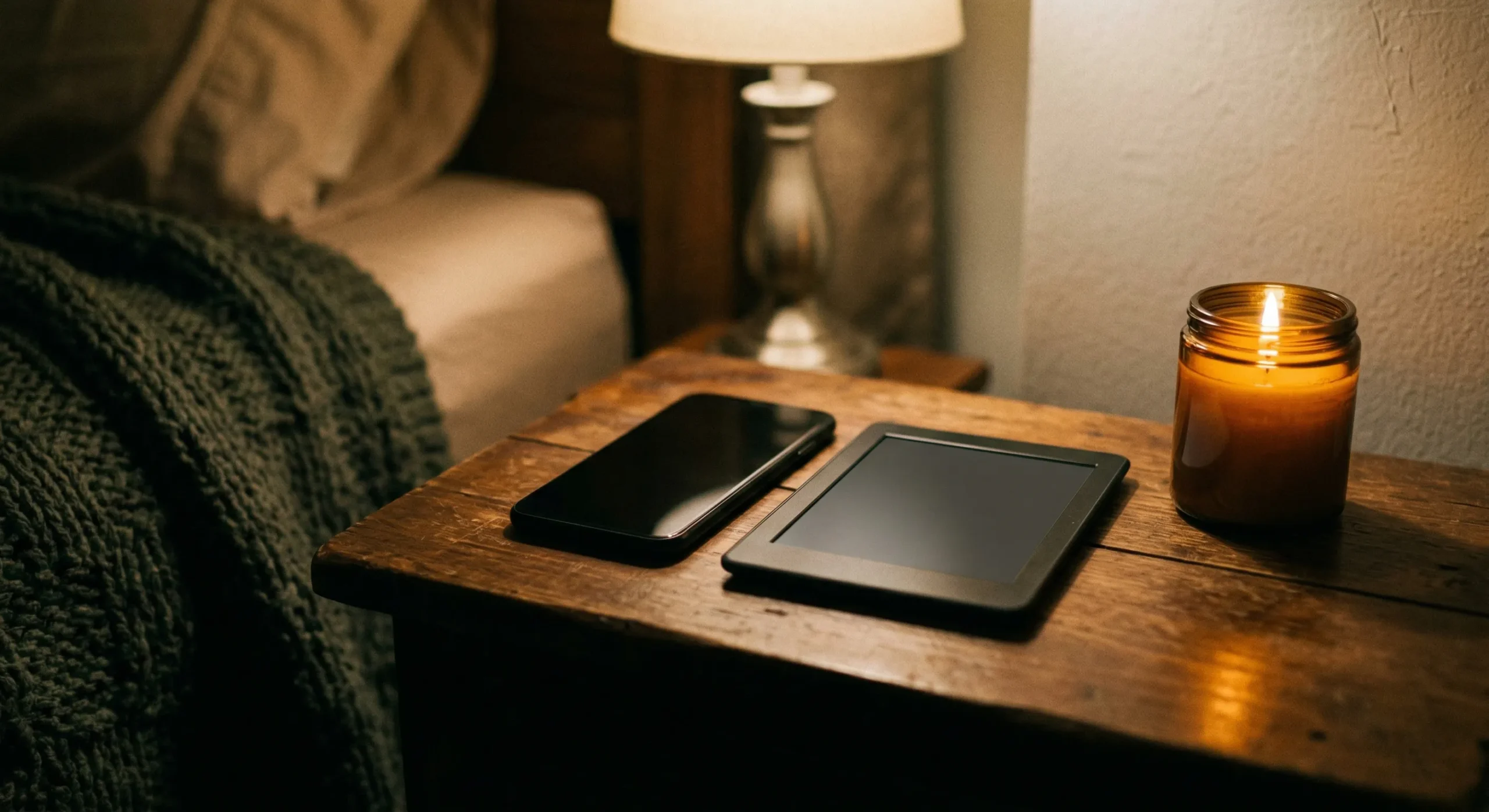 Phone and e-reader on a nightstand with candle — cozy late night reading aesthetic