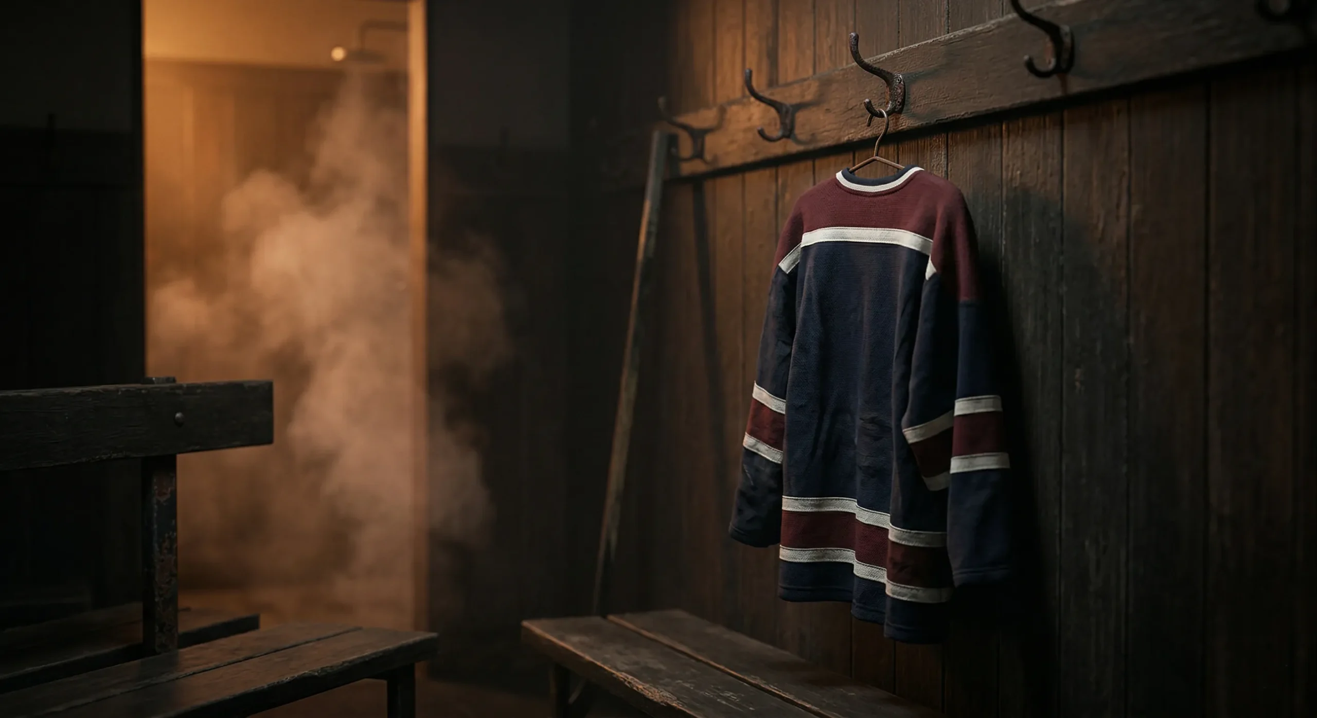 Hockey jersey in moody locker room — MM hockey romance aesthetic