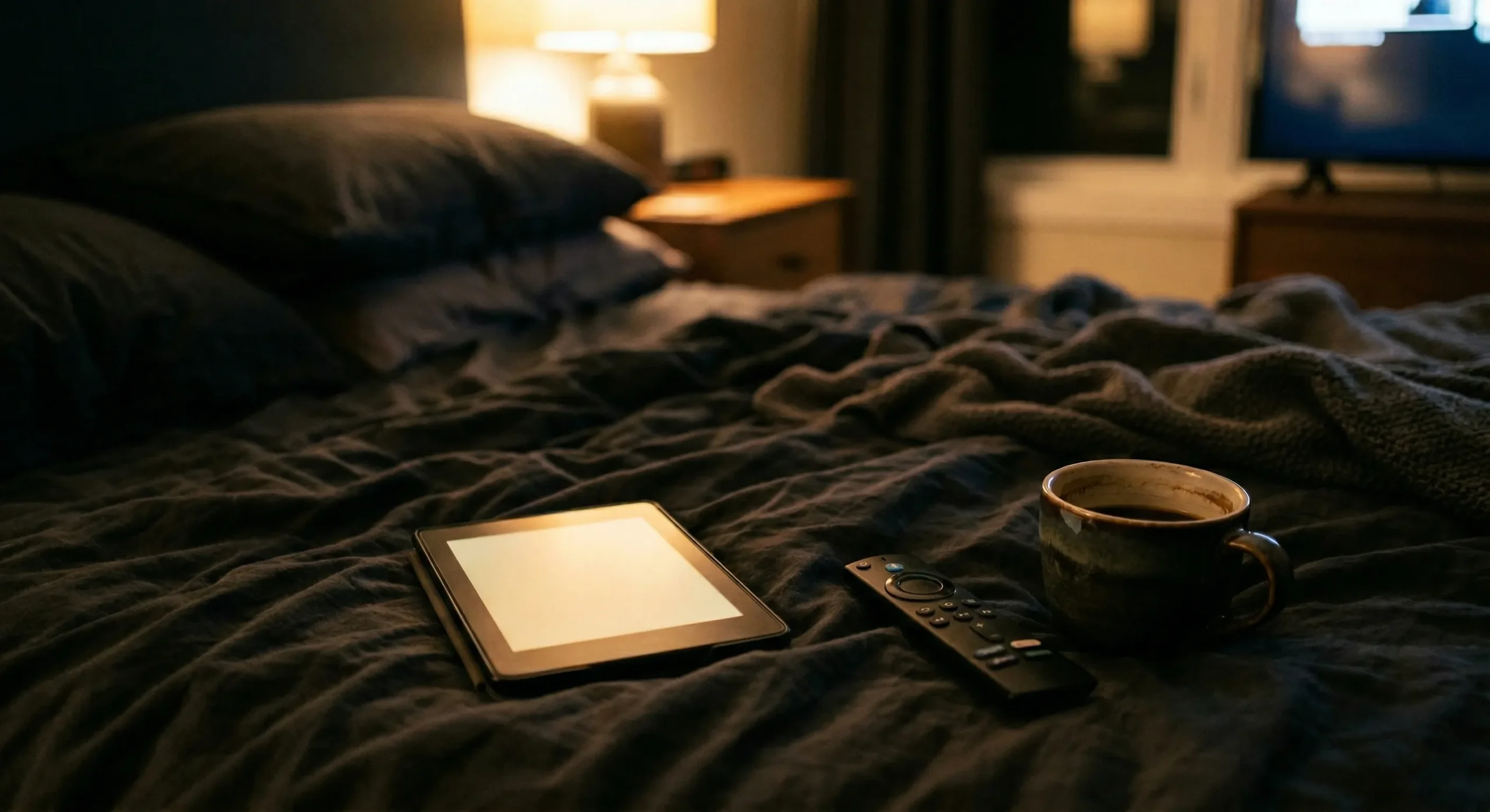 E-reader and TV remote on bedsheets — cozy romance reading aesthetic