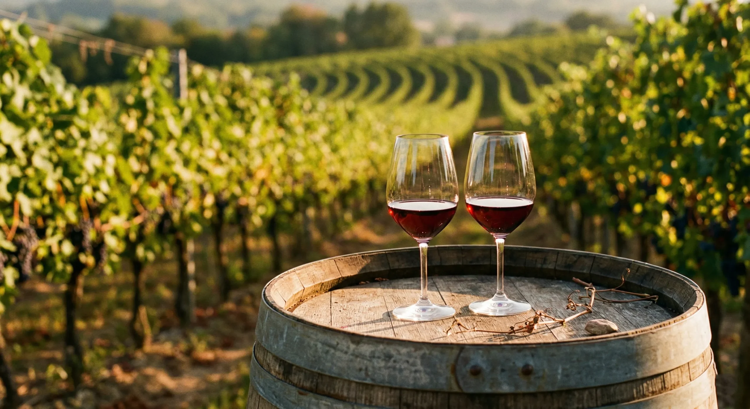 Two wine glasses on a barrel at golden hour — vineyard romance aesthetic