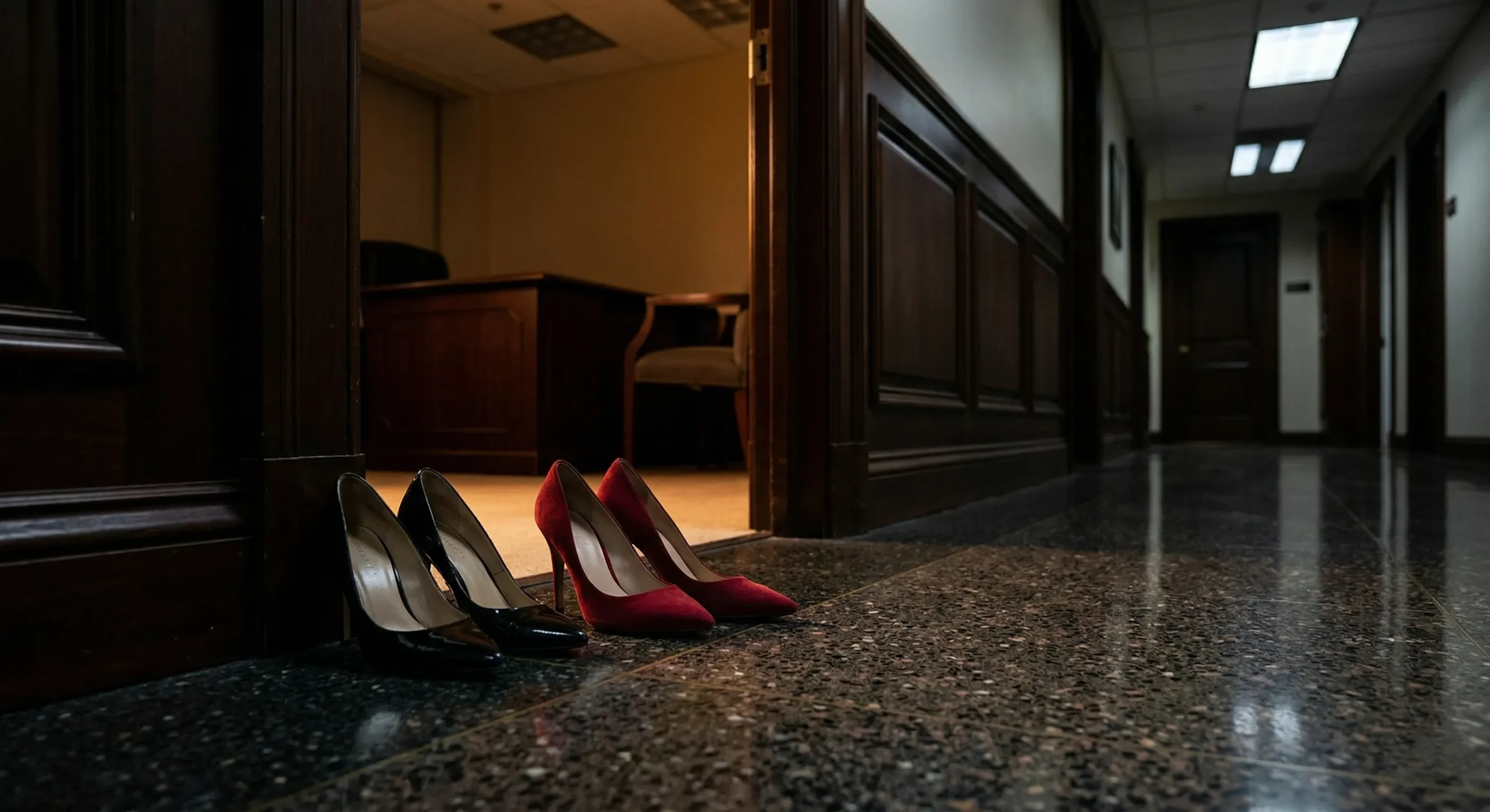 Two pairs of heels at an office doorway — sapphic power dynamic aesthetic