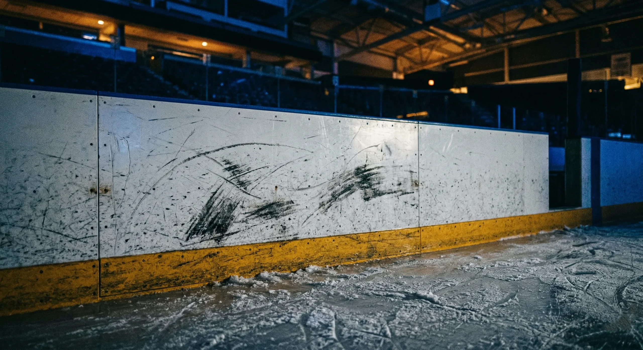 Hockey rink boards with scratch marks — rivals-to-lovers sports aesthetic