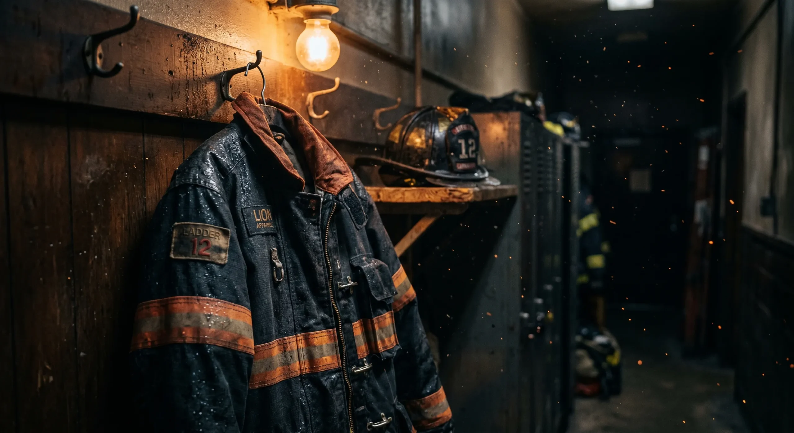 Firefighter romance — turnout coat in dim firehouse, the architectural backdrop bi awakening rides on