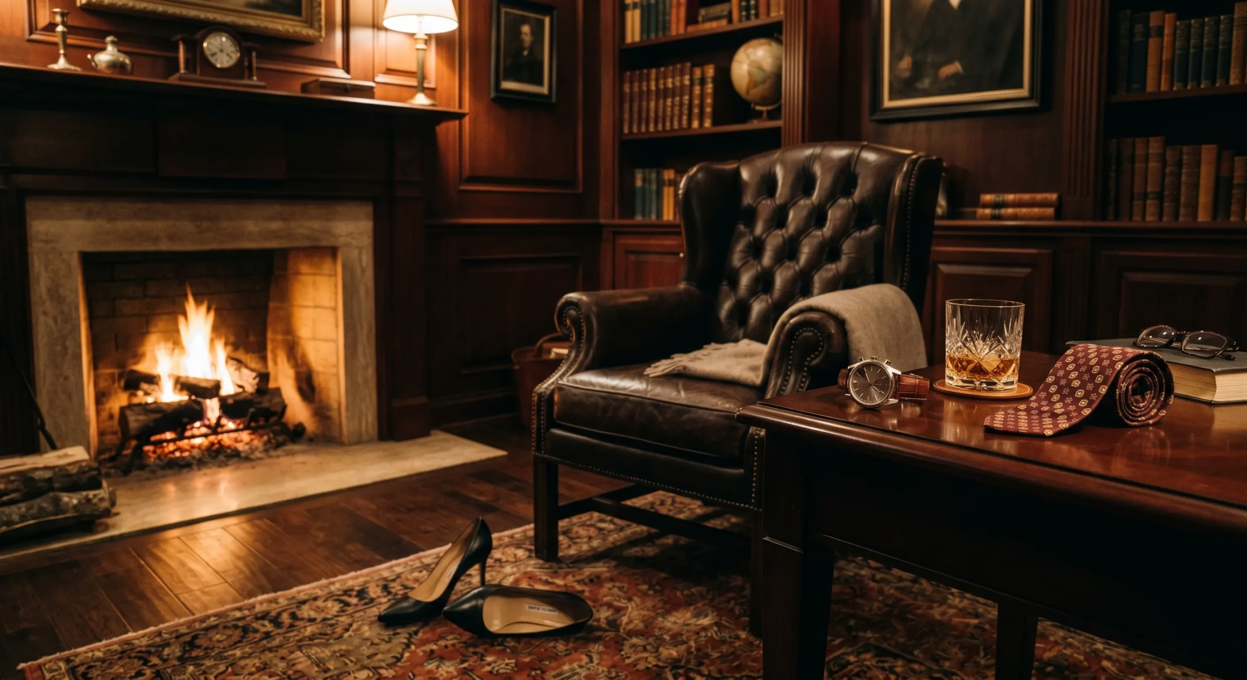 Daddy kink and age gap romance — leather chair and whiskey, the architectural backdrop the older-hero variant rides on