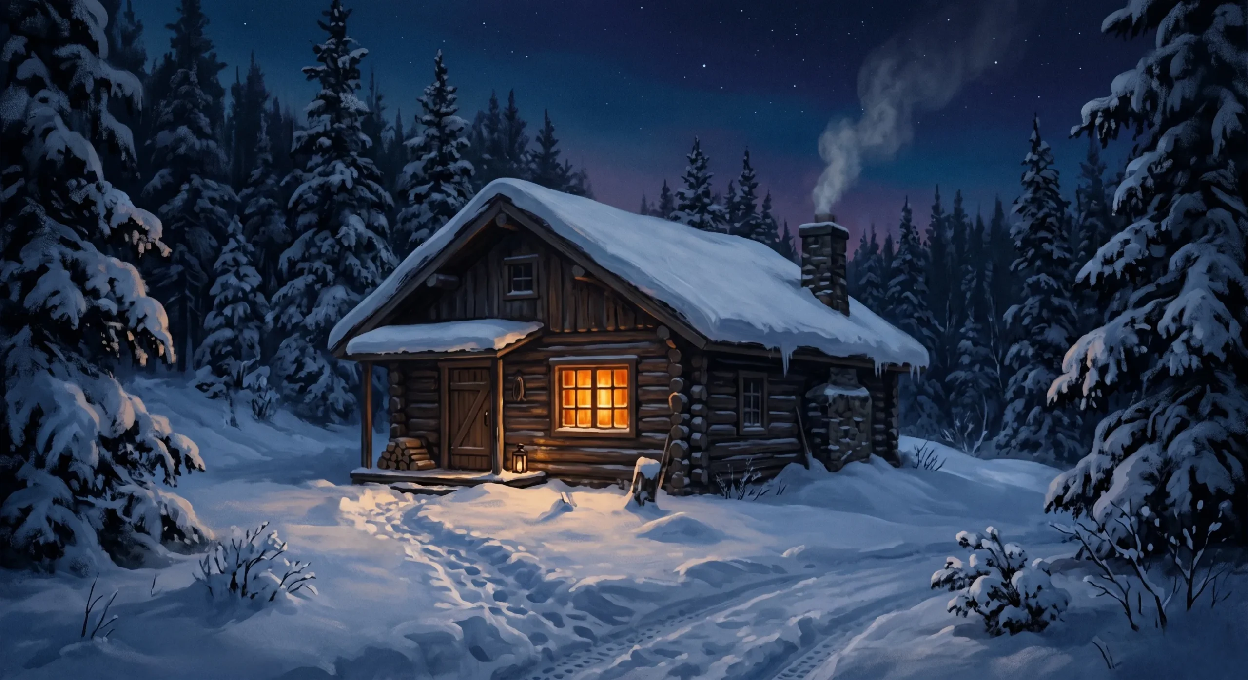 Log cabin glowing at twilight in deep snow — small town cabin romance reading aesthetic