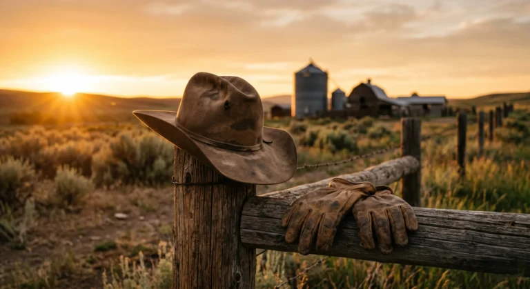 cowboy romance books featured image of dusty cowboy hat on a weathered ranch fence at golden hour
