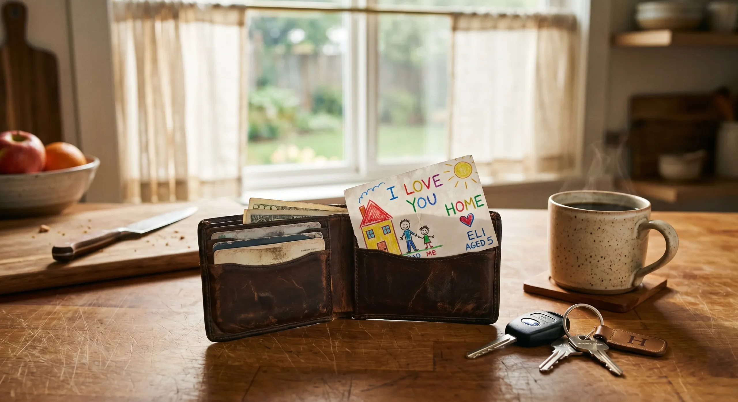 Single dad romance — worn wallet with child's drawing, the architectural cousin of roommates with extra structural weight