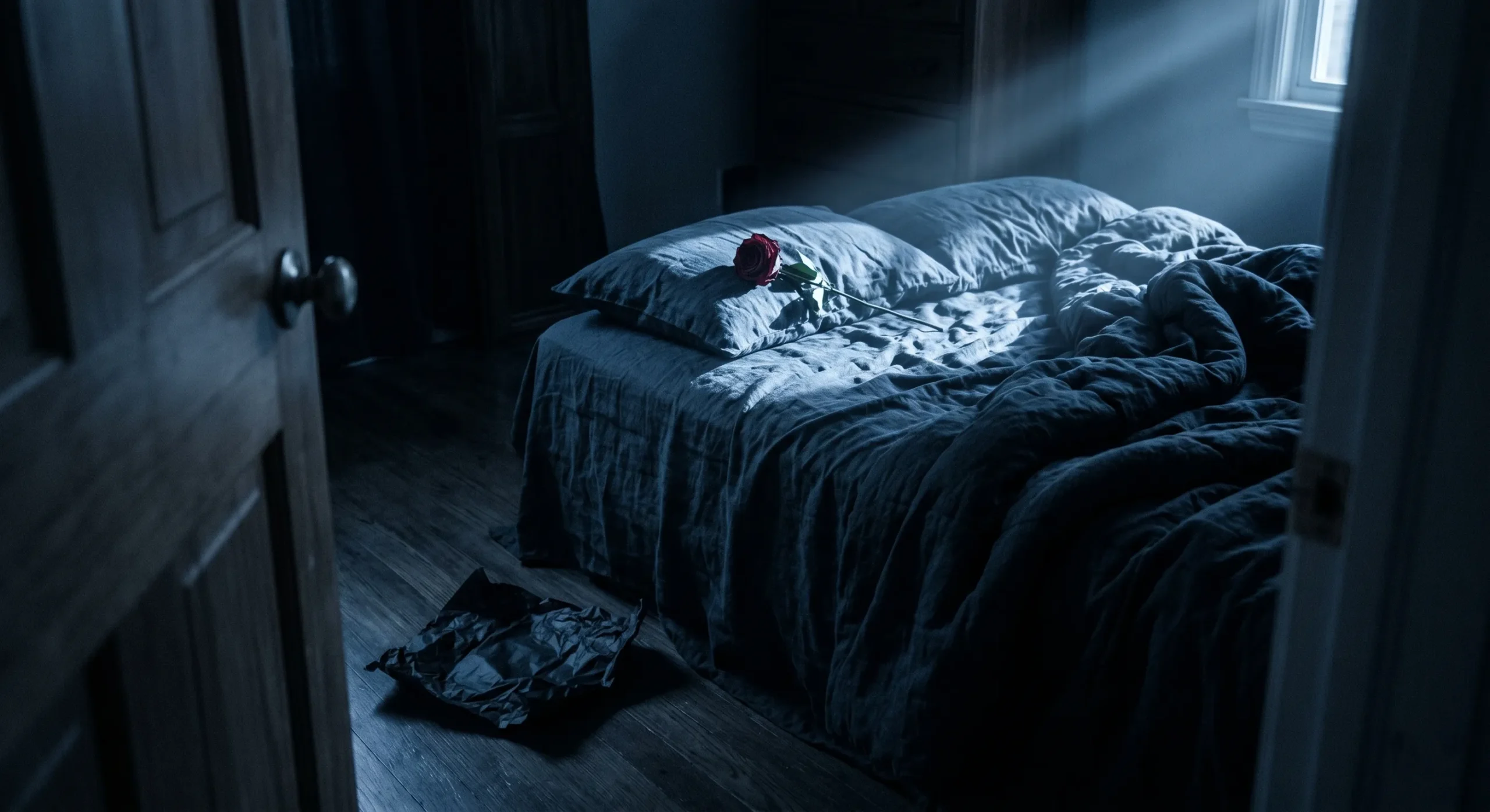 Stalker romance and dark romance — rose on empty bed, the architectural backdrop of secret intimacy