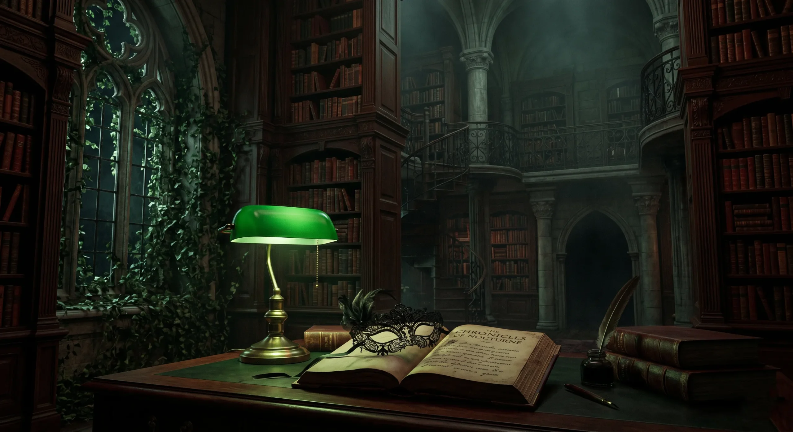 Dark academia romance — gothic library with mask, the architectural backdrop dark-academia college sports rides on