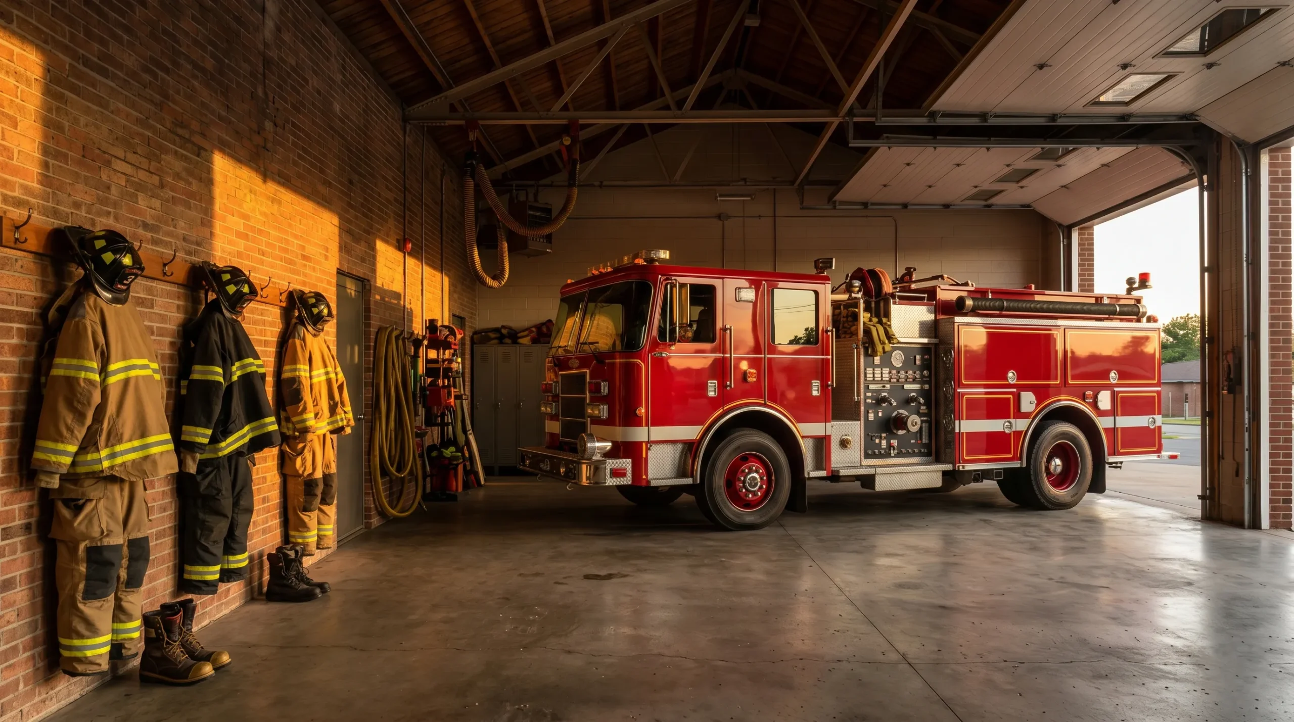 Firefighter romance books - fire station at golden hour