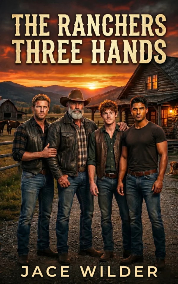 The Rancher's Three Hands by Jace Wilder - MM polyamorous cowboy romance book cover, Harlan Ranch Book 1