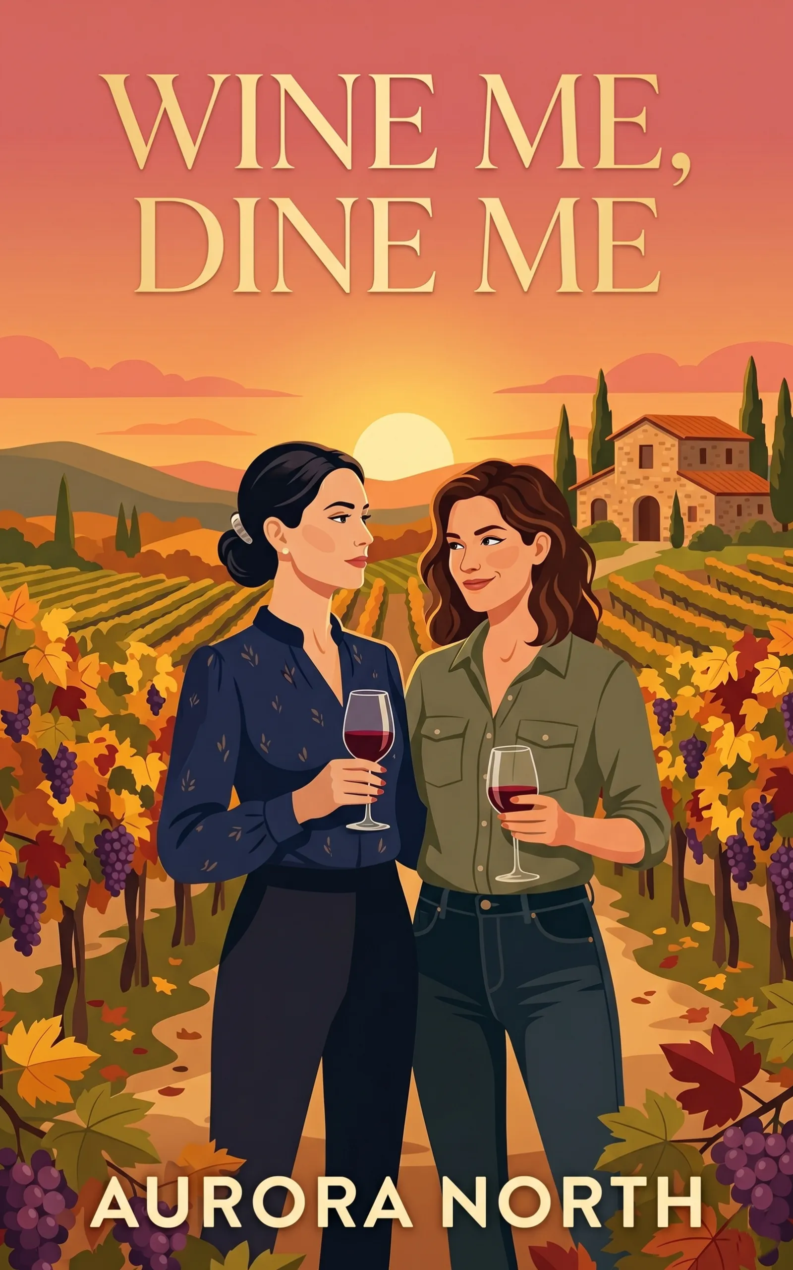 Wine Me, Dine Me by Aurora North - FF Sapphic Vineyard Romance book cover
