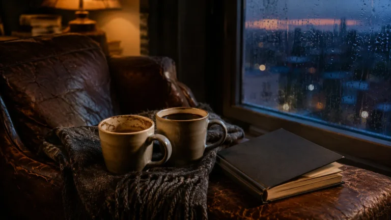 Two coffee mugs and an open book on a leather armchair by a rainy window, evoking non-hockey enemies-to-lovers slow-burn romance