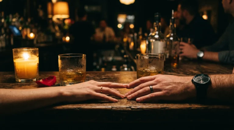 A man's and a woman's hands almost touching across a candlelit bar top with whiskey glasses, evoking M/F slow-burn rivals-to-lovers romance