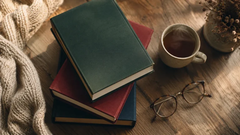 A cozy stack of jewel-toned hardcover books with tea and reading glasses in morning light, a what-to-read-next reading nook