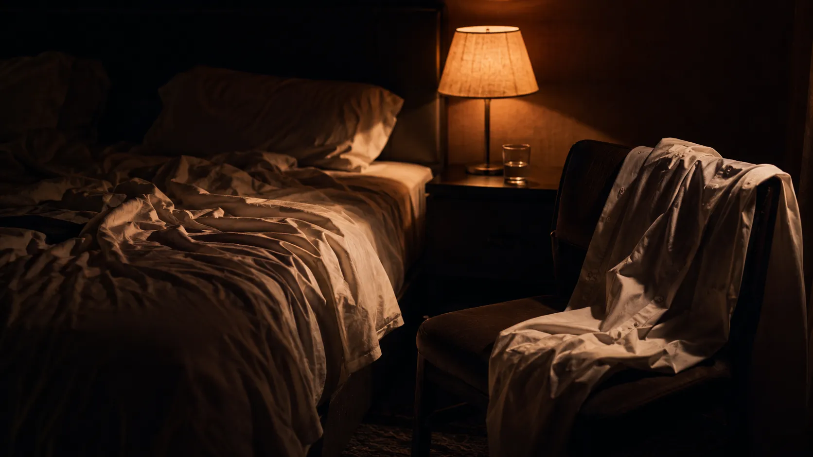 Rumpled white linen sheets and a discarded dress shirt in warm lamplight, evoking spicy MM hockey romance readalikes