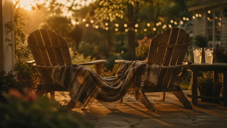 Two Adirondack chairs with a shared blanket and lemonade at golden hour, evoking best friends to lovers romance