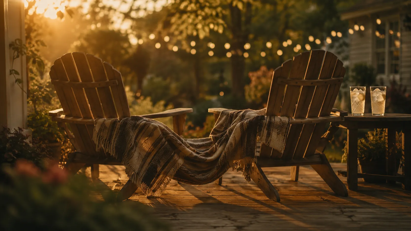 Two Adirondack chairs with a shared blanket and lemonade at golden hour, evoking best friends to lovers romance