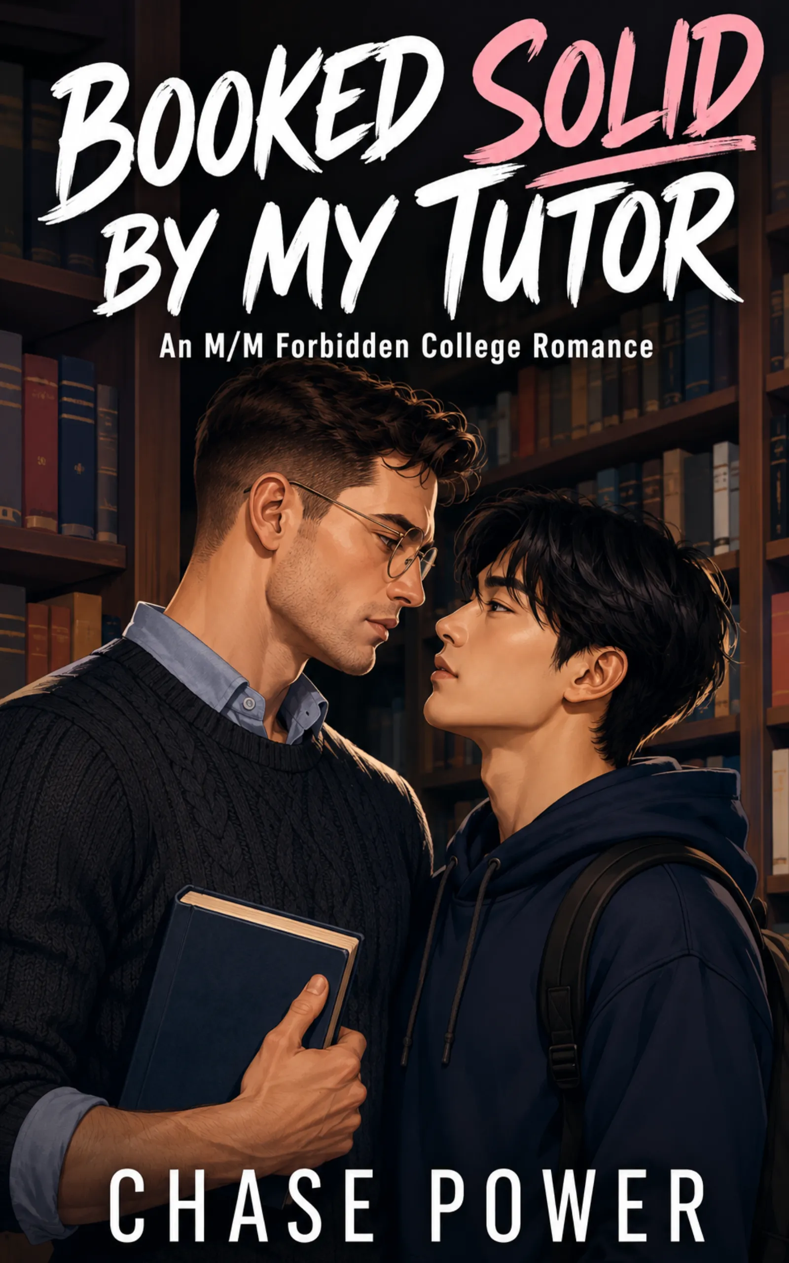 Booked Solid by My Tutor by Chase Power book cover — MM tutor student academic competence kink praise kink age gap dark academia indie KU inferno