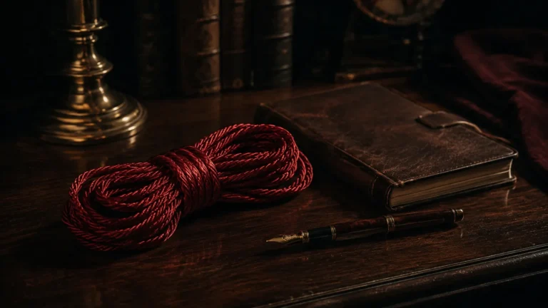 A coiled length of red silk rope beside a leather notebook and fountain pen on dark walnut, evoking consent-forward BDSM romance