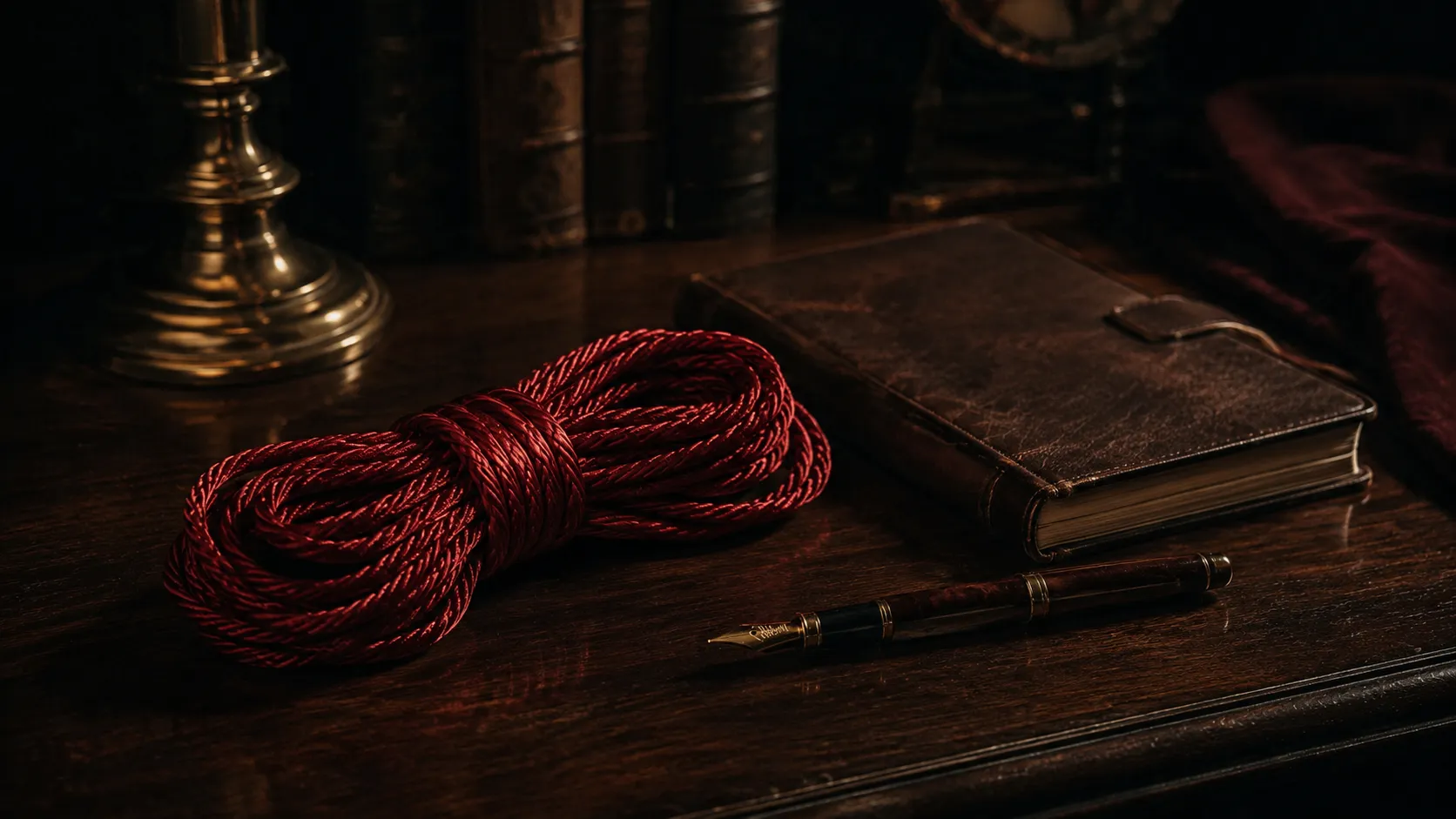 A coiled length of red silk rope beside a leather notebook and fountain pen on dark walnut, evoking consent-forward BDSM romance