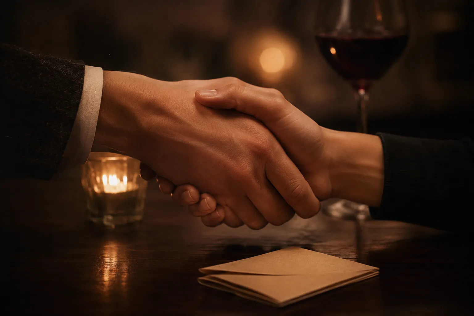 Two hands clasped over a candlelit table with red wine — trust, negotiation and consent in BDSM romance