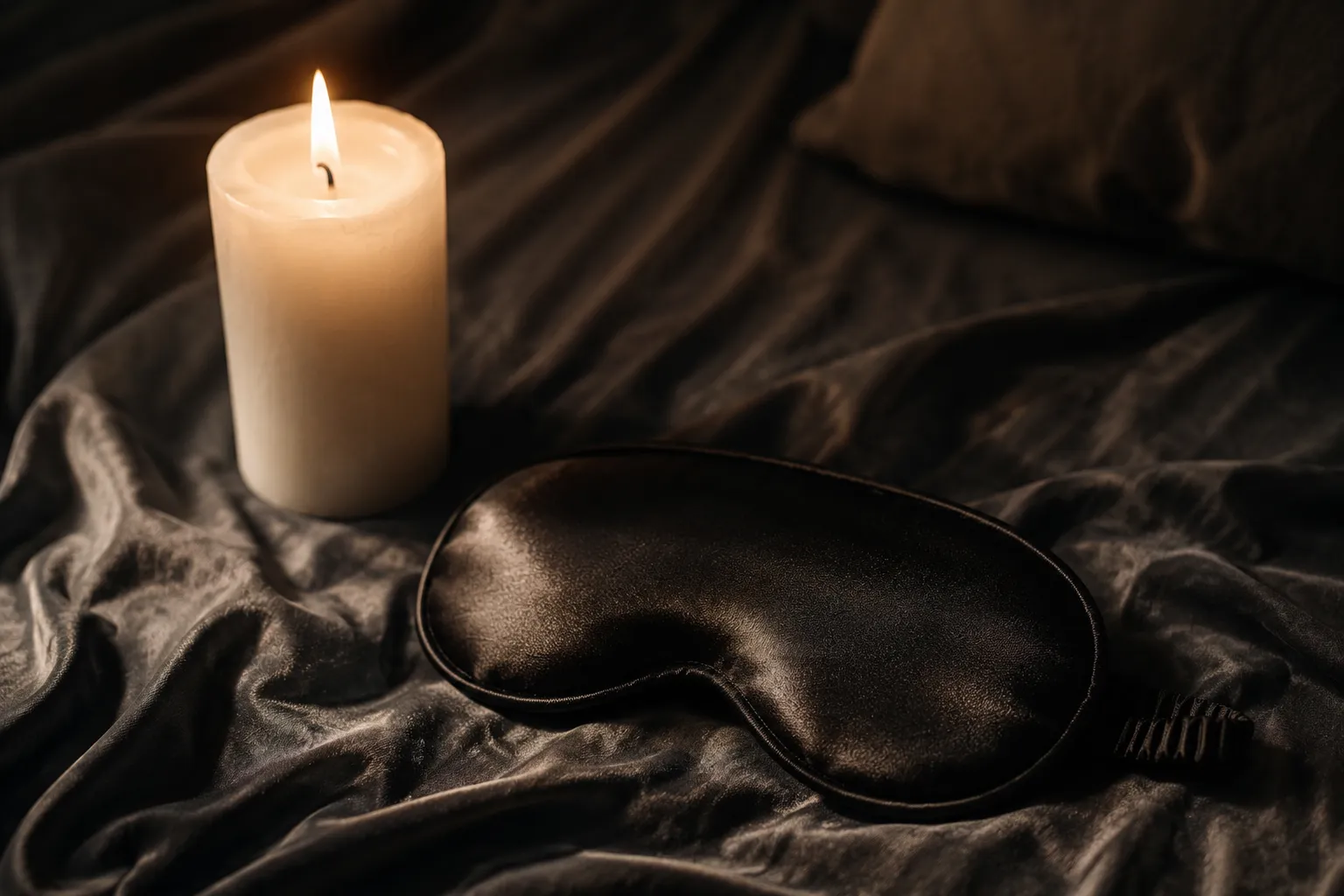 A black satin blindfold and white candle on charcoal silk — praise kink and soft consent-forward BDSM romance