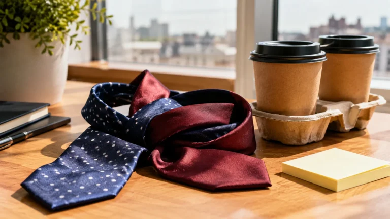 Two tangled neckties and takeaway coffee cups on a sunny office desk, evoking fake-dating MM rom-com like Boyfriend Material