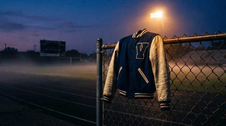 A varsity letterman jacket on a chain-link fence under stadium floodlights at dusk, evoking dark bully romance authors like Penelope Douglas