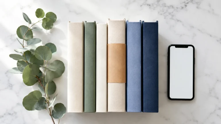 A row of fresh hardcover books with a kraft-paper bookshop band and eucalyptus on marble, evoking new MM romance releases 2026