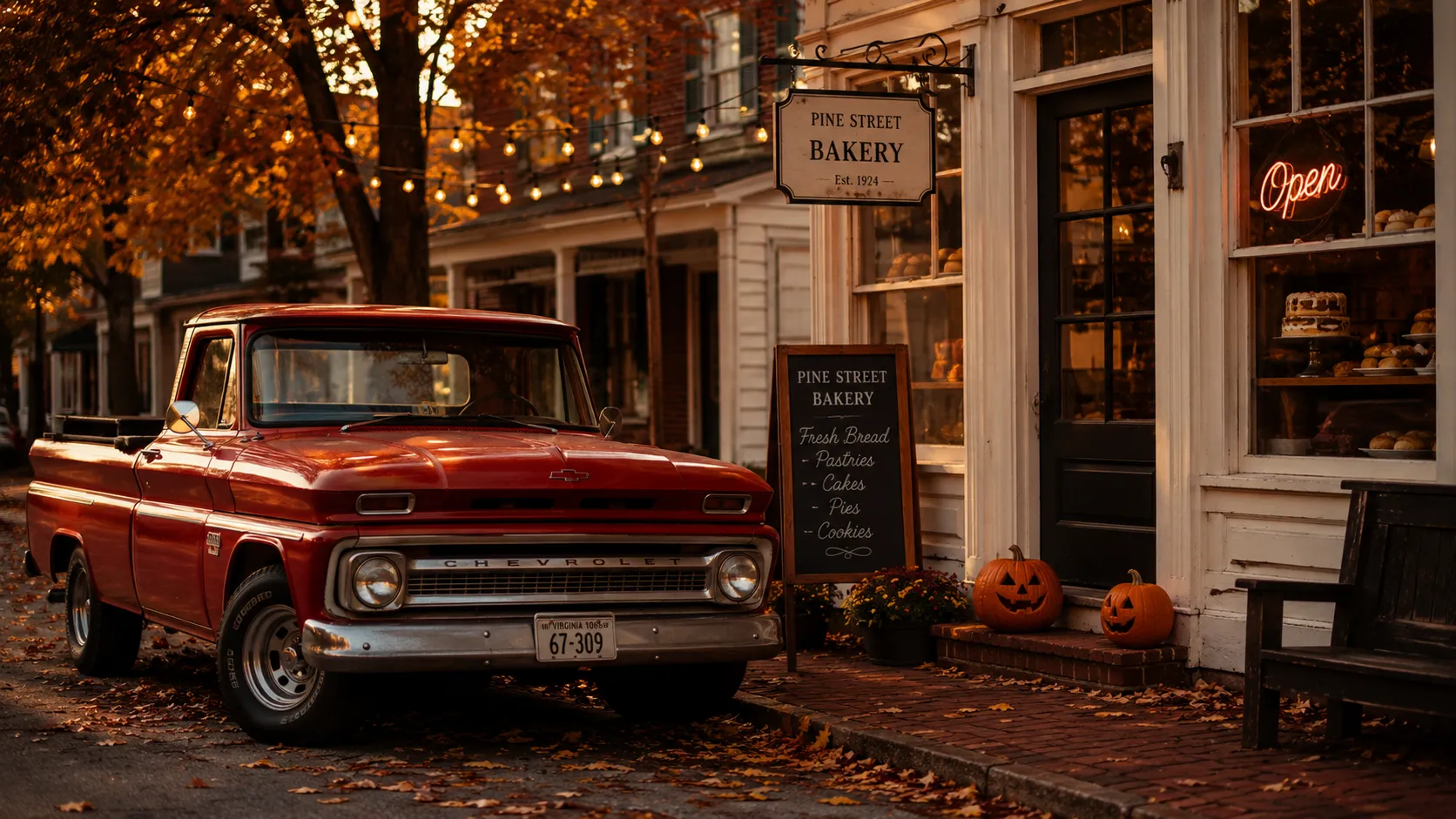 Small town romance header — vintage red 1960s pickup truck parked outside white clapboard bakery storefront, autumn leaves, chalkboard sign
