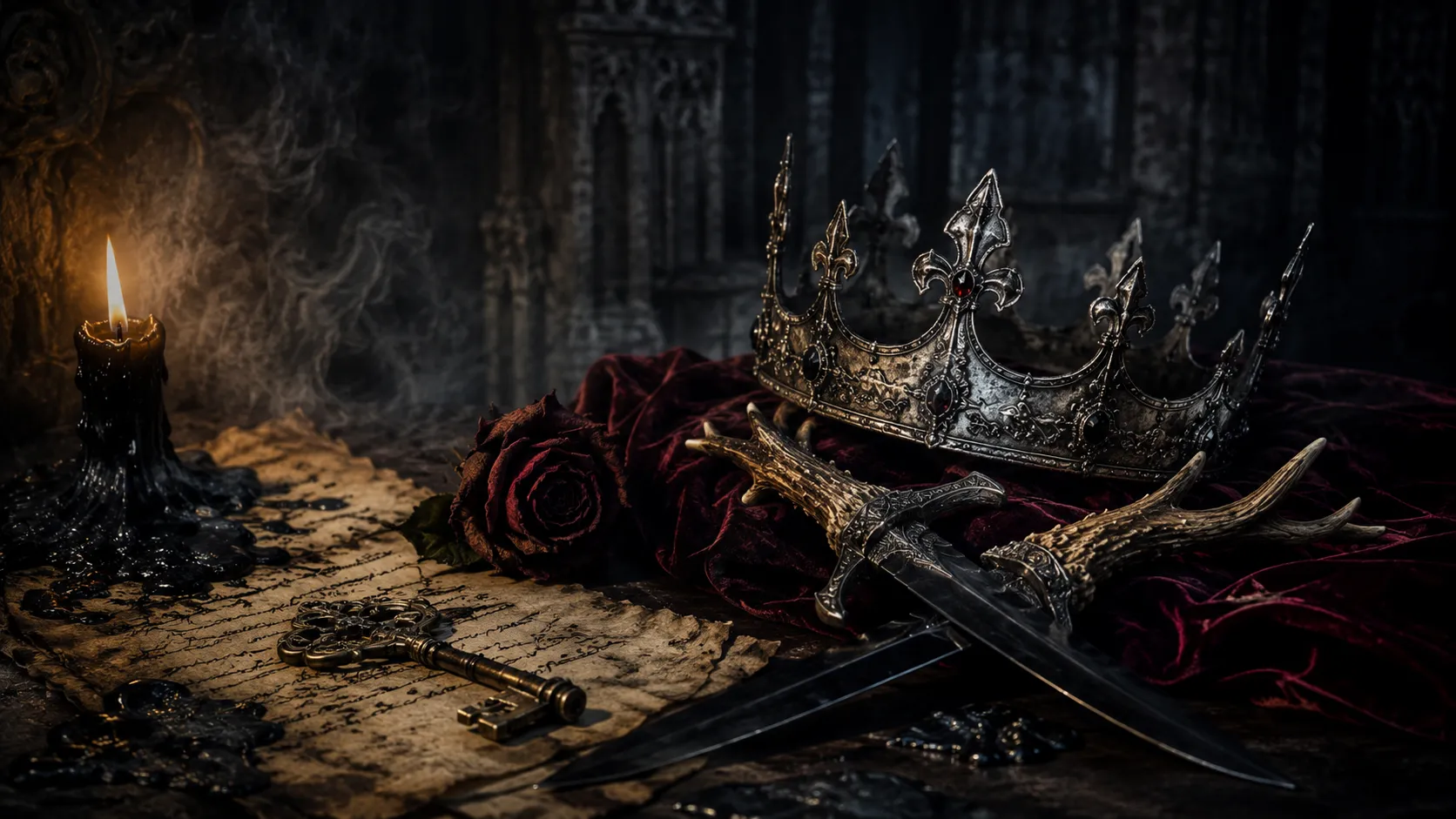 Romantasy header — tarnished silver crown on wine red velvet beside crossed obsidian daggers, antique brass key, dripping black candle wax, gothic mist