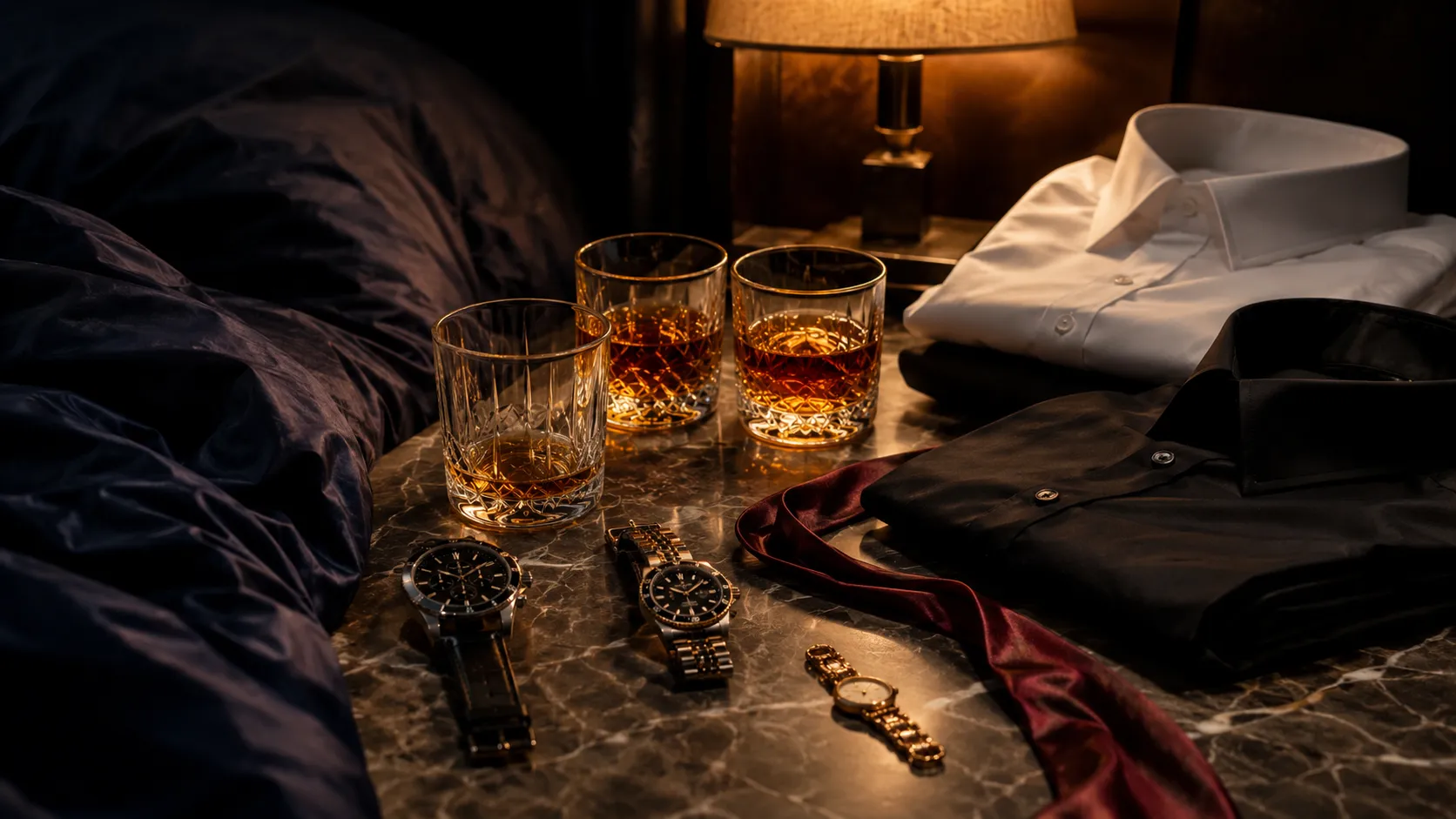 Why choose MMF romance header — three crystal whiskey tumblers on marble table, two folded men's dress shirts in white and black, delicate gold watch