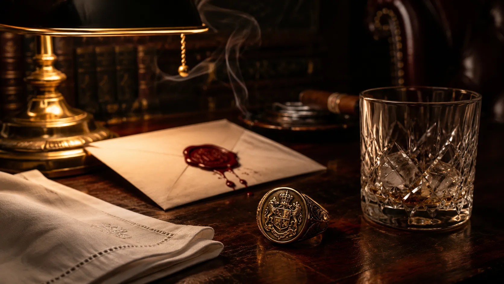 Dark mafia romance header — gold signet ring resting on dark mahogany beside crystal bourbon tumbler, blood-red wax seal, brass lamp casting noir shadows