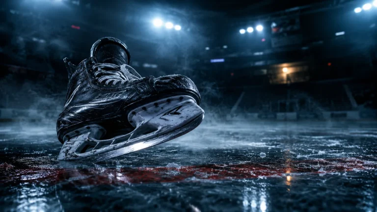MM hockey romance header — single scuffed black hockey skate on wet dark ice in empty arena under harsh blue overhead lights, locker room shadows