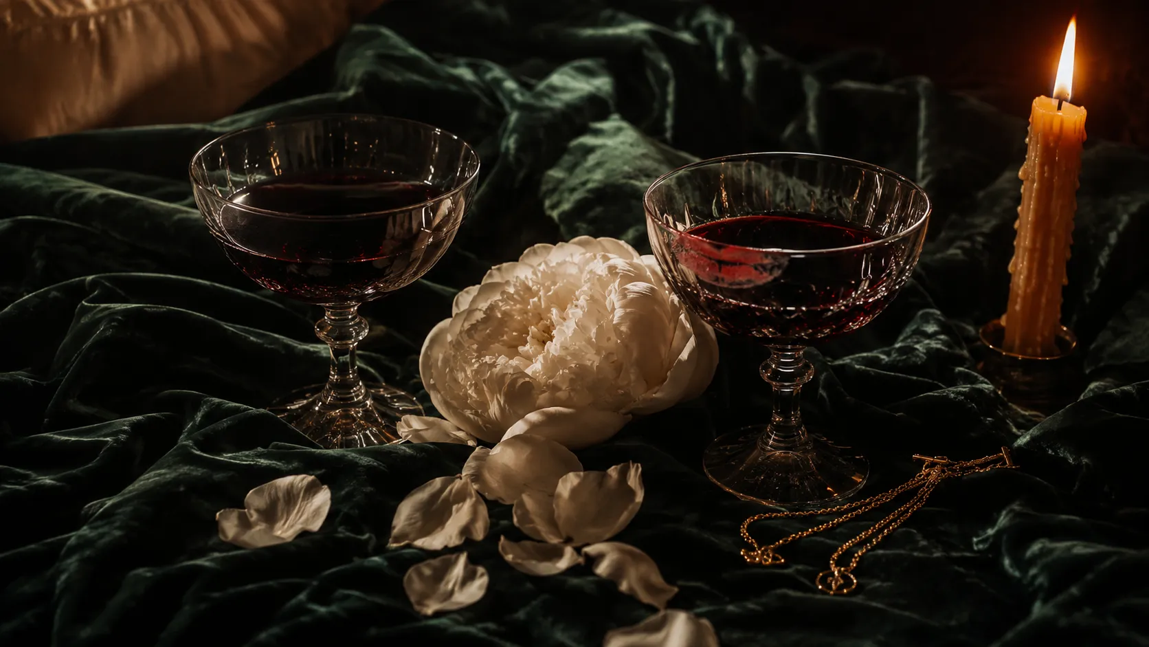 Sapphic FF romance header — two crystal wine glasses with red wine on emerald velvet bedspread, white peony and rose petals, candlelight